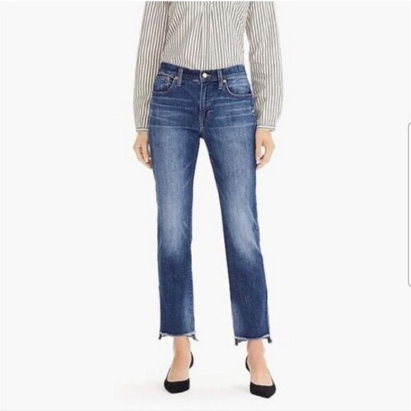 J. Crew Blue Med Wash Slim Broken In Boyfriend Jeans Raw Hem Size 32/14 - Picture 1 of 12